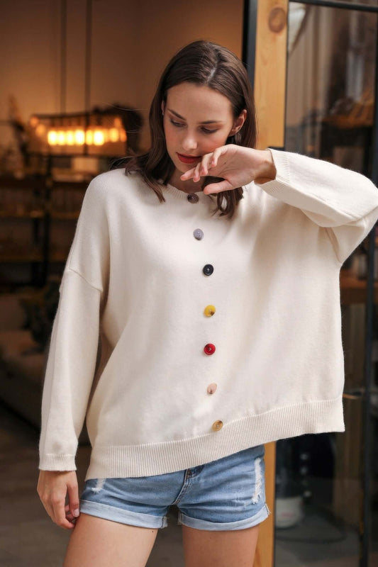 Veloria Women's Solid Knit Sweater With Colorful Buttons - Smile Sparker