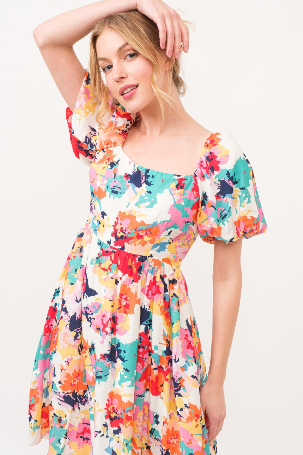 And The Why Square Neck Puff Sleeve Floral Dress - DRESSES - Multi