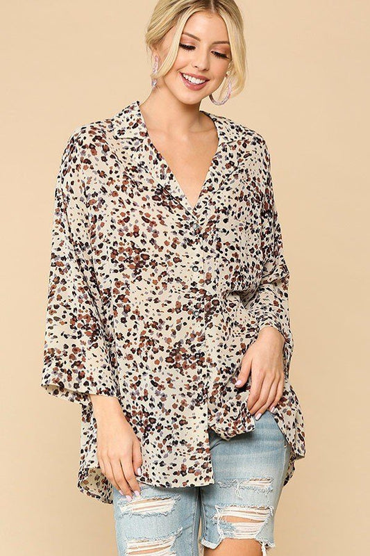 Animal Print Button Down Lapel Collar Shirt With Chest Pocket Smile Sparker