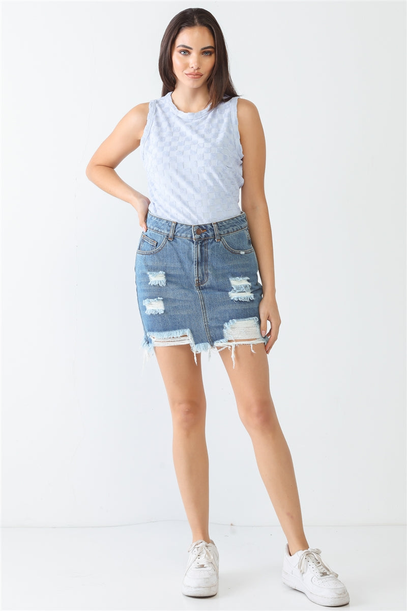 Baby Blue Chess Cage Print Cotton Blend Sleeveless Bodysuit Smile Sparker