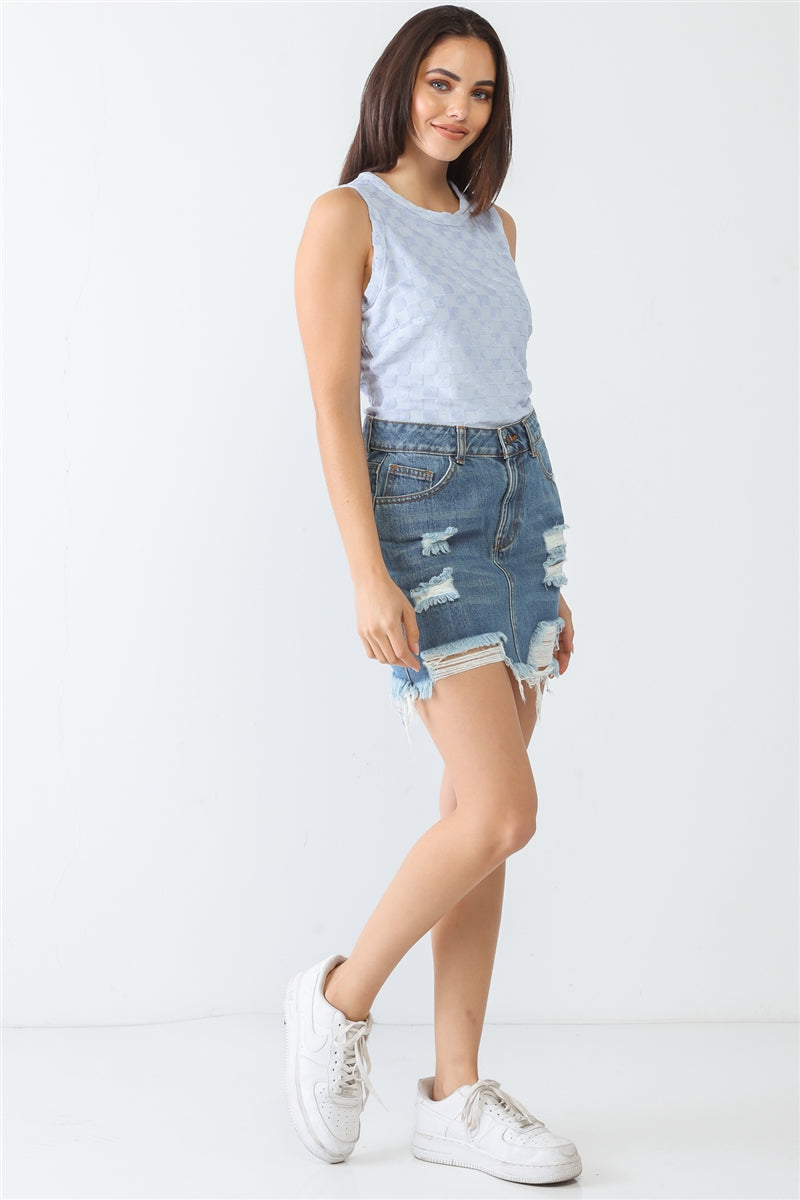 Baby Blue Chess Cage Print Cotton Blend Sleeveless Bodysuit Smile Sparker