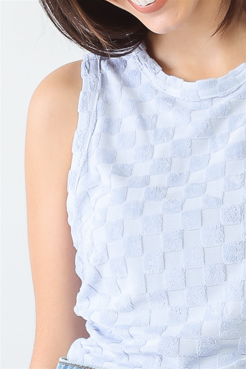 Baby Blue Chess Cage Print Cotton Blend Sleeveless Bodysuit Smile Sparker