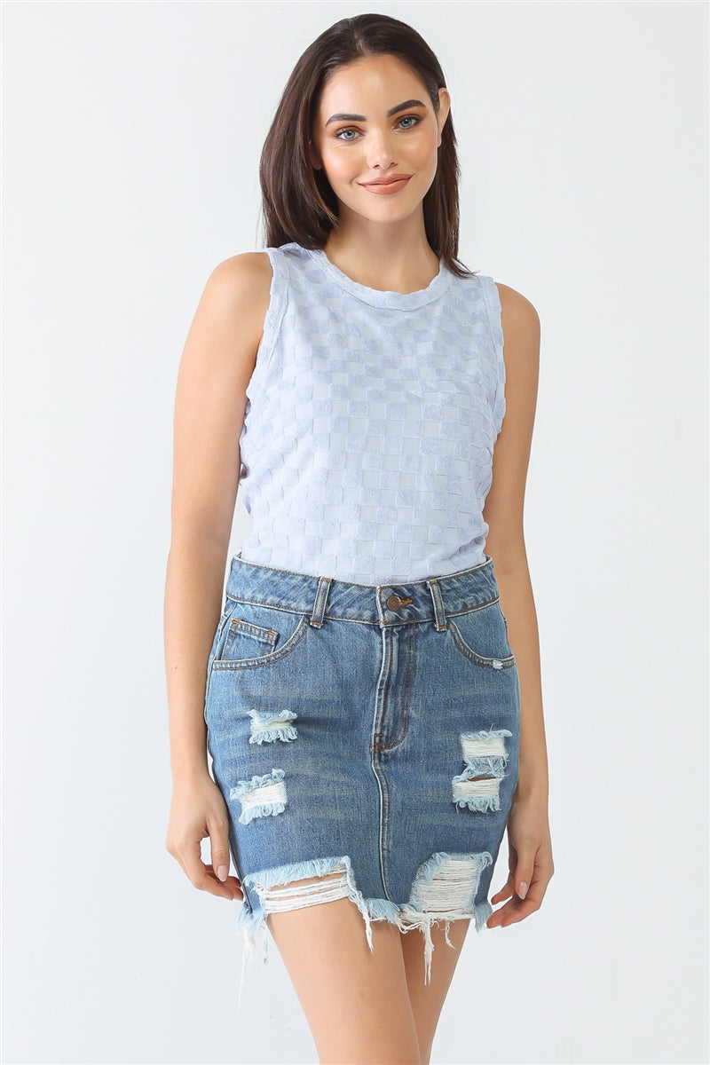 Baby Blue Chess Cage Print Cotton Blend Sleeveless Bodysuit Smile Sparker