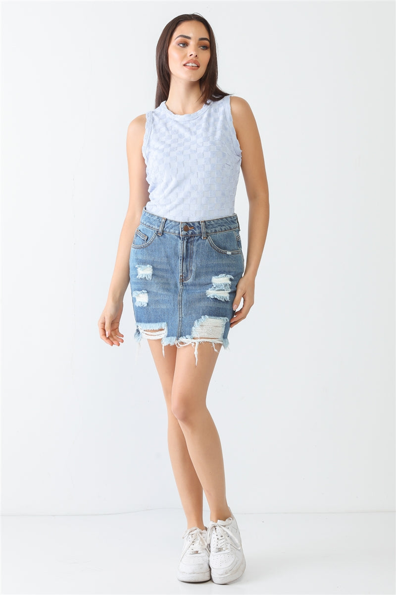 Baby Blue Chess Cage Print Cotton Blend Sleeveless Bodysuit Smile Sparker