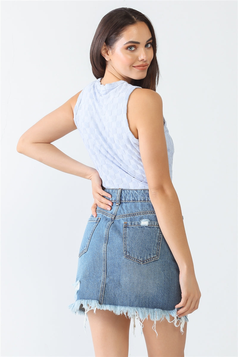 Baby Blue Chess Cage Print Cotton Blend Sleeveless Bodysuit Smile Sparker