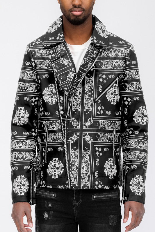 BANDANA PRINT FAUX LEATHER JACKET Smile Sparker