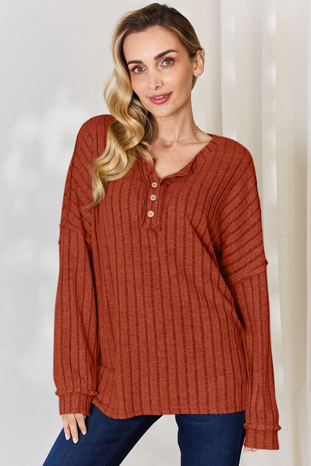 Basic Bae Full Size Ribbed Half Button Long Sleeve T-Shirt - Rust / S - TOPS - Mixed