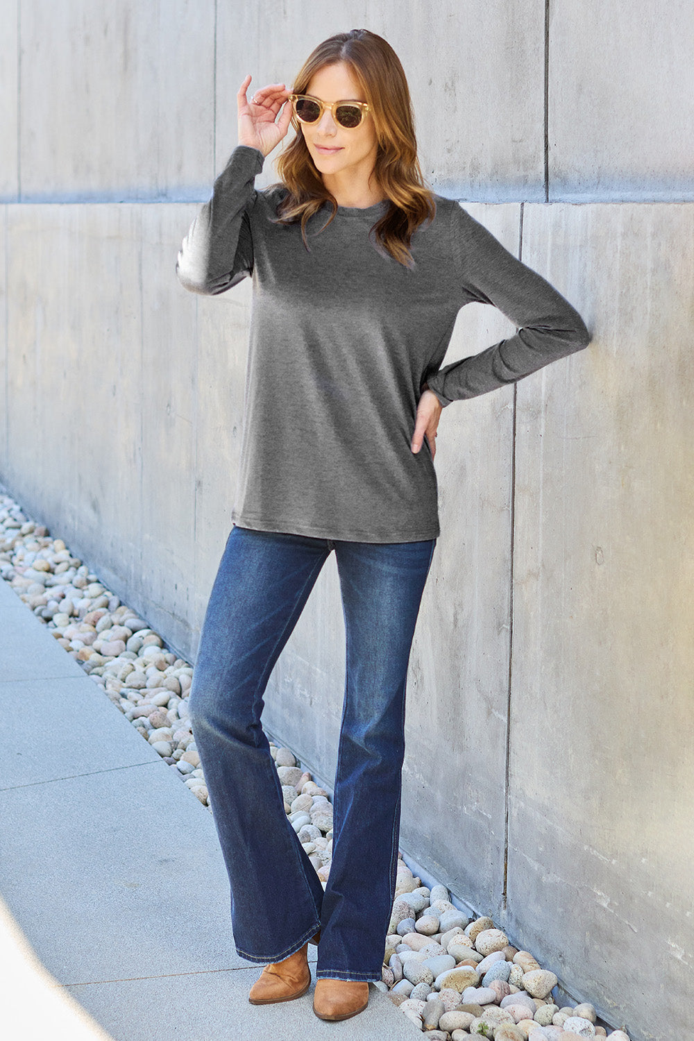 Basic Bae Full Size Round Neck Long Sleeve Top - TOPS - Mixed