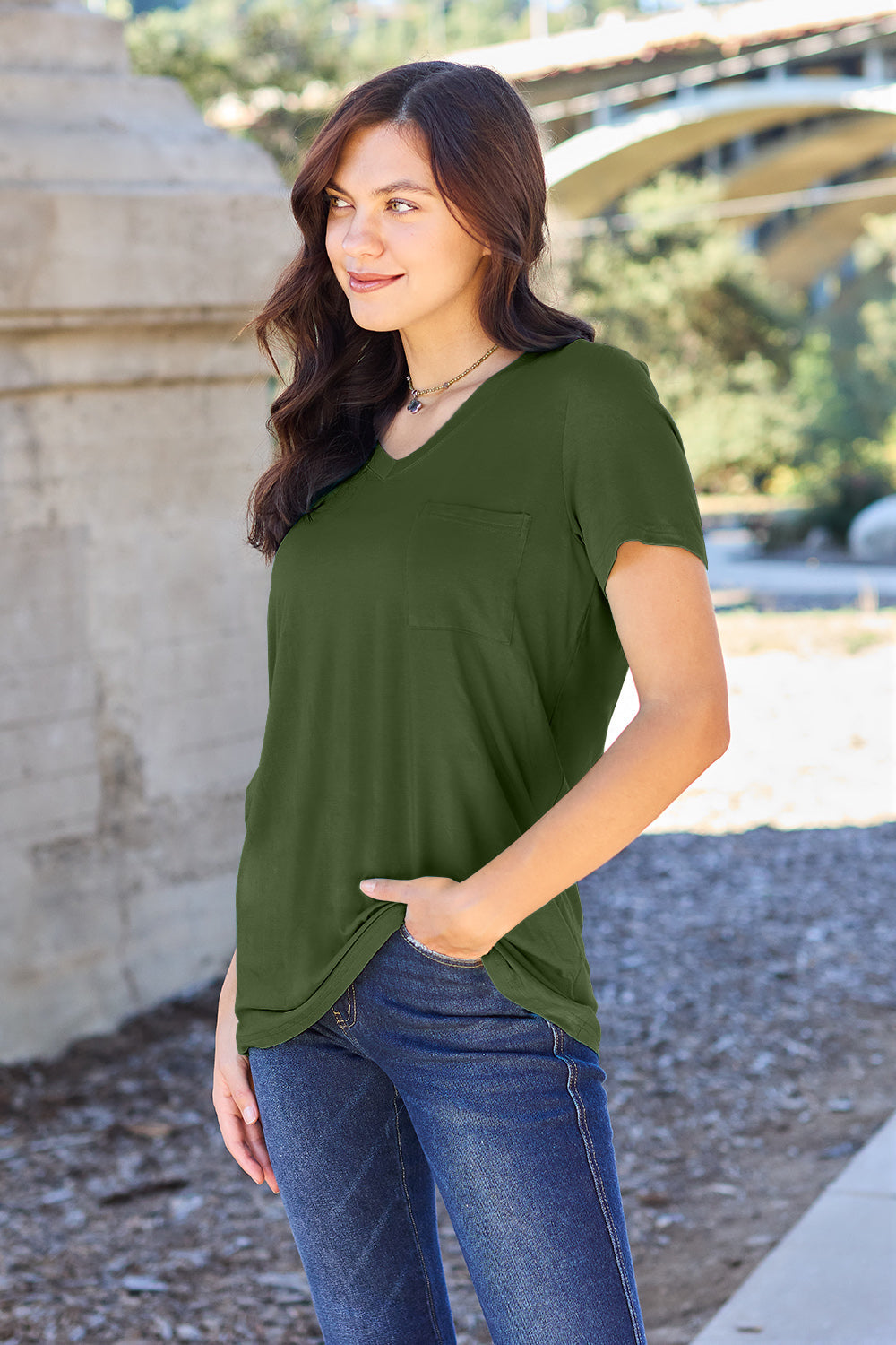 Basic Bae Full Size V-Neck Short Sleeve T-Shirt - Matcha Green / S - TOPS - Sky Blue
