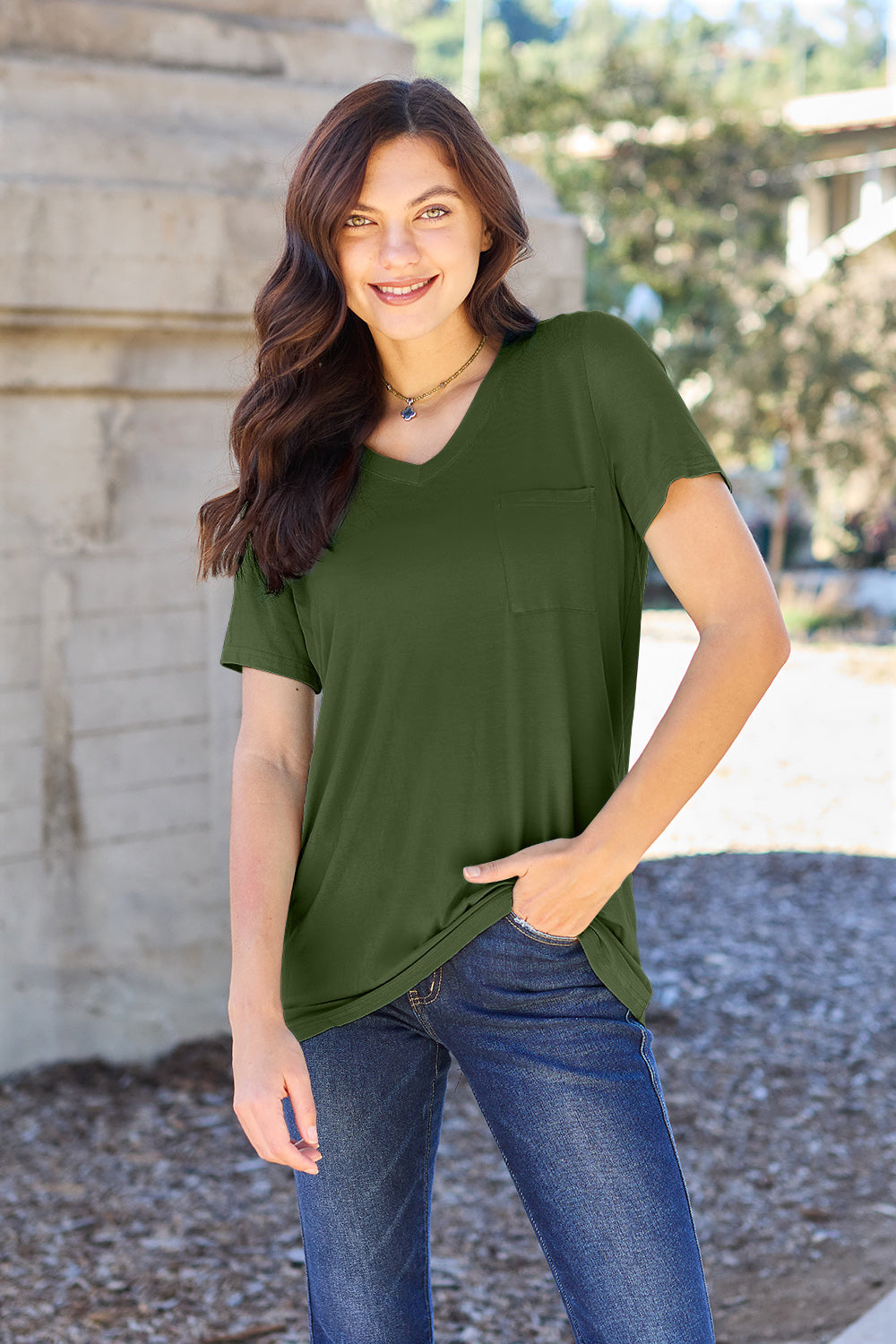Basic Bae Full Size V-Neck Short Sleeve T-Shirt - TOPS - Sky Blue