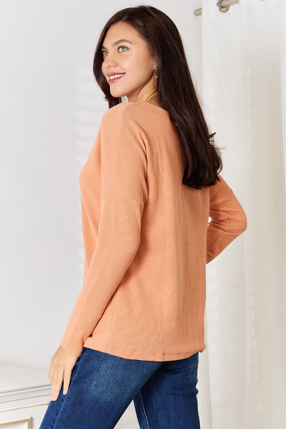 Basic Bae Half Button Long Sleeve Top - TOPS - Caramel