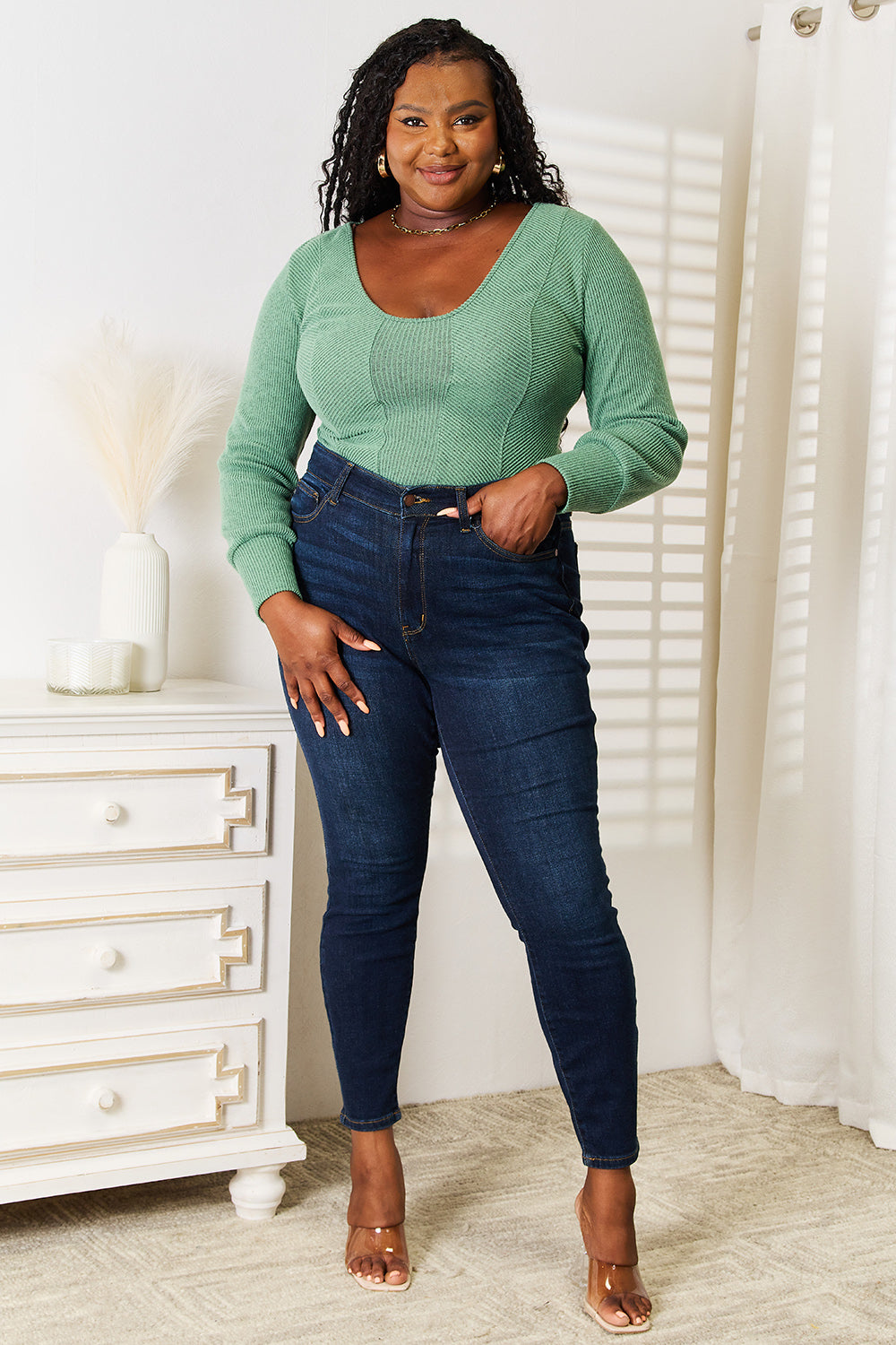 Basic Bae Scoop Neck Long Sleeve Top - TOPS - Green