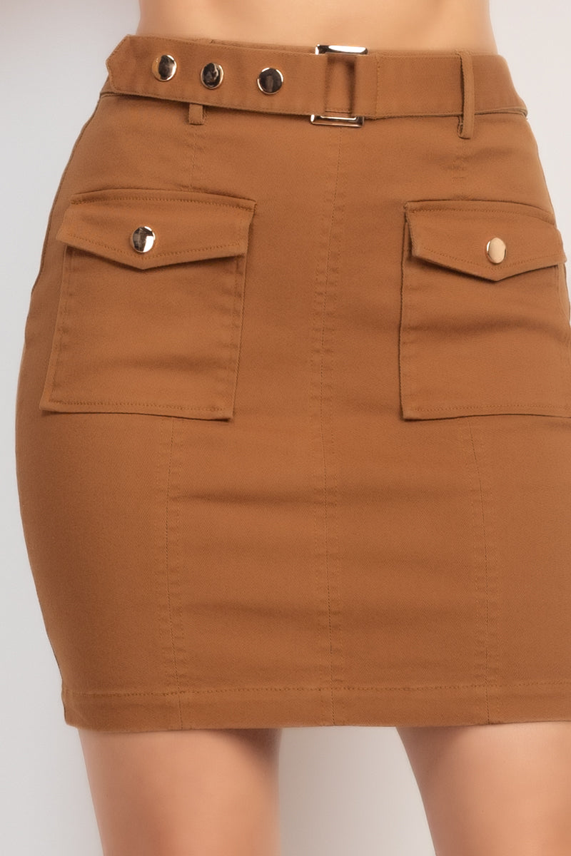 Belted Pocket Solid Mini Skirt Smile Sparker