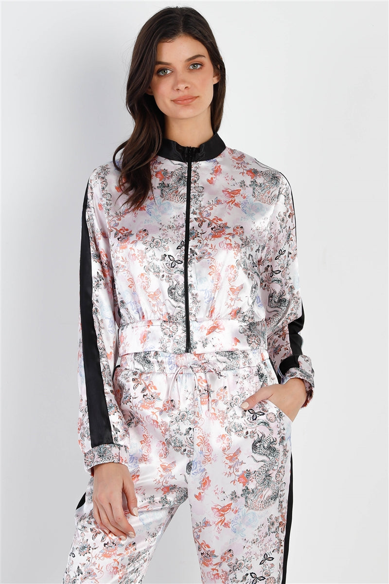 Black Contrast Satin Effect Multi Color Print Zip-up Jacket & Pants Set Smile Sparker