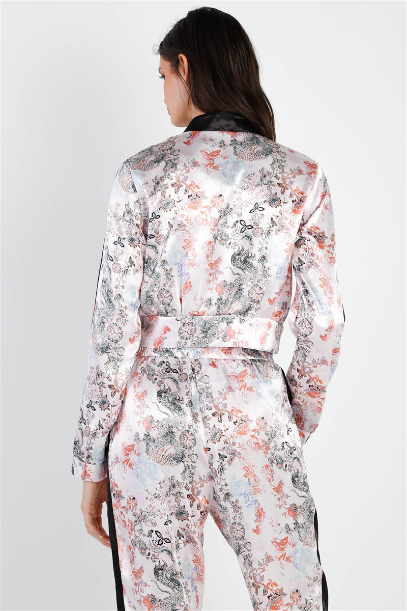 Black Contrast Satin Effect Multi Color Print Zip-up Jacket & Pants Set Smile Sparker