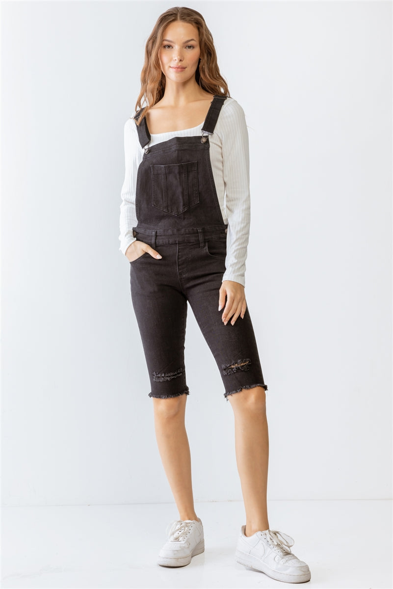 Black Denim Distressed Detail Raw Hem Cropped Bermuda Overall Smile Sparker