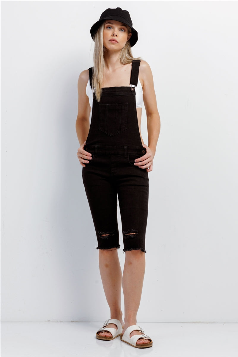 Black Denim Distressed Detail Raw Hem Cropped Bermuda Overall Smile Sparker