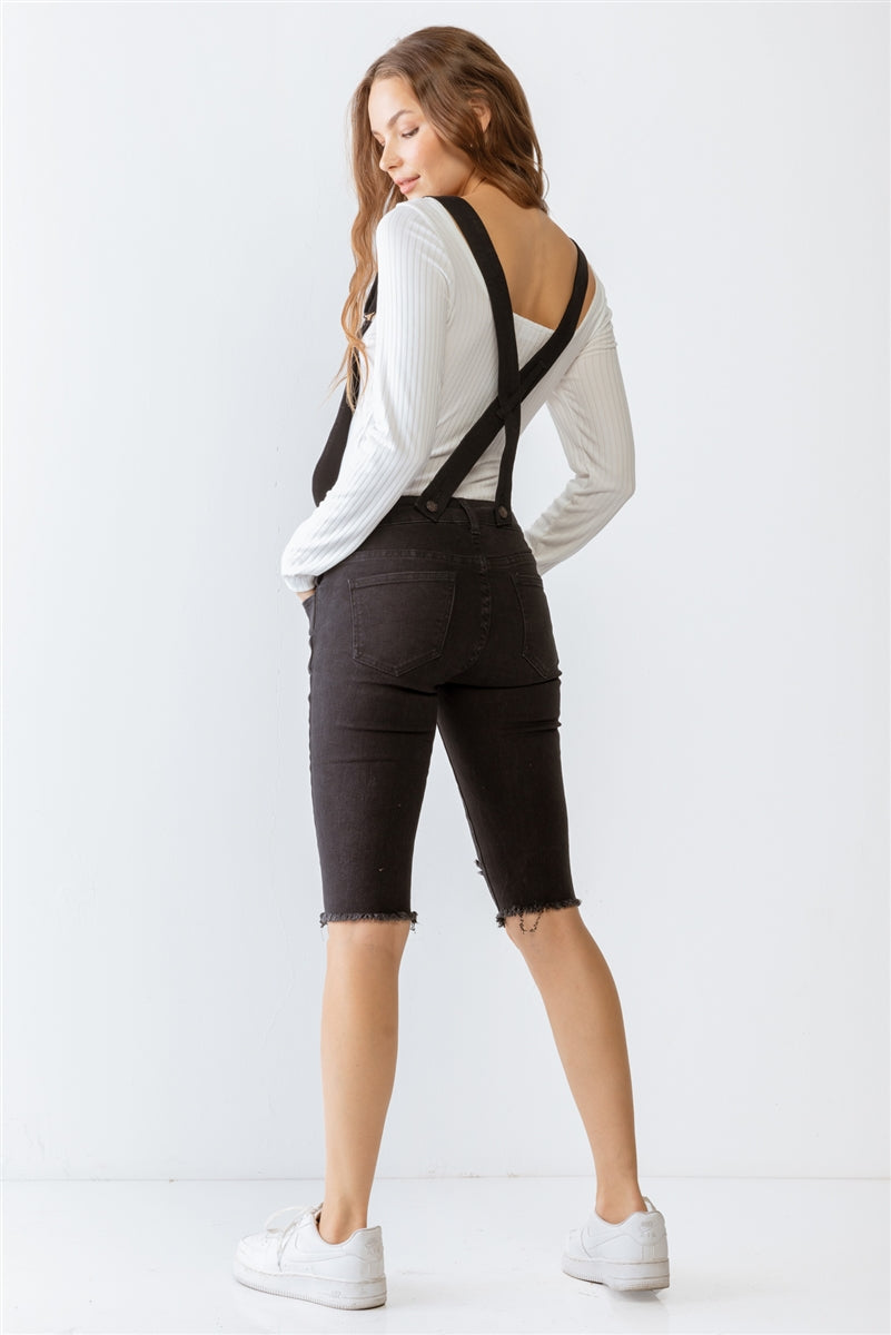 Black Denim Distressed Detail Raw Hem Cropped Bermuda Overall Smile Sparker