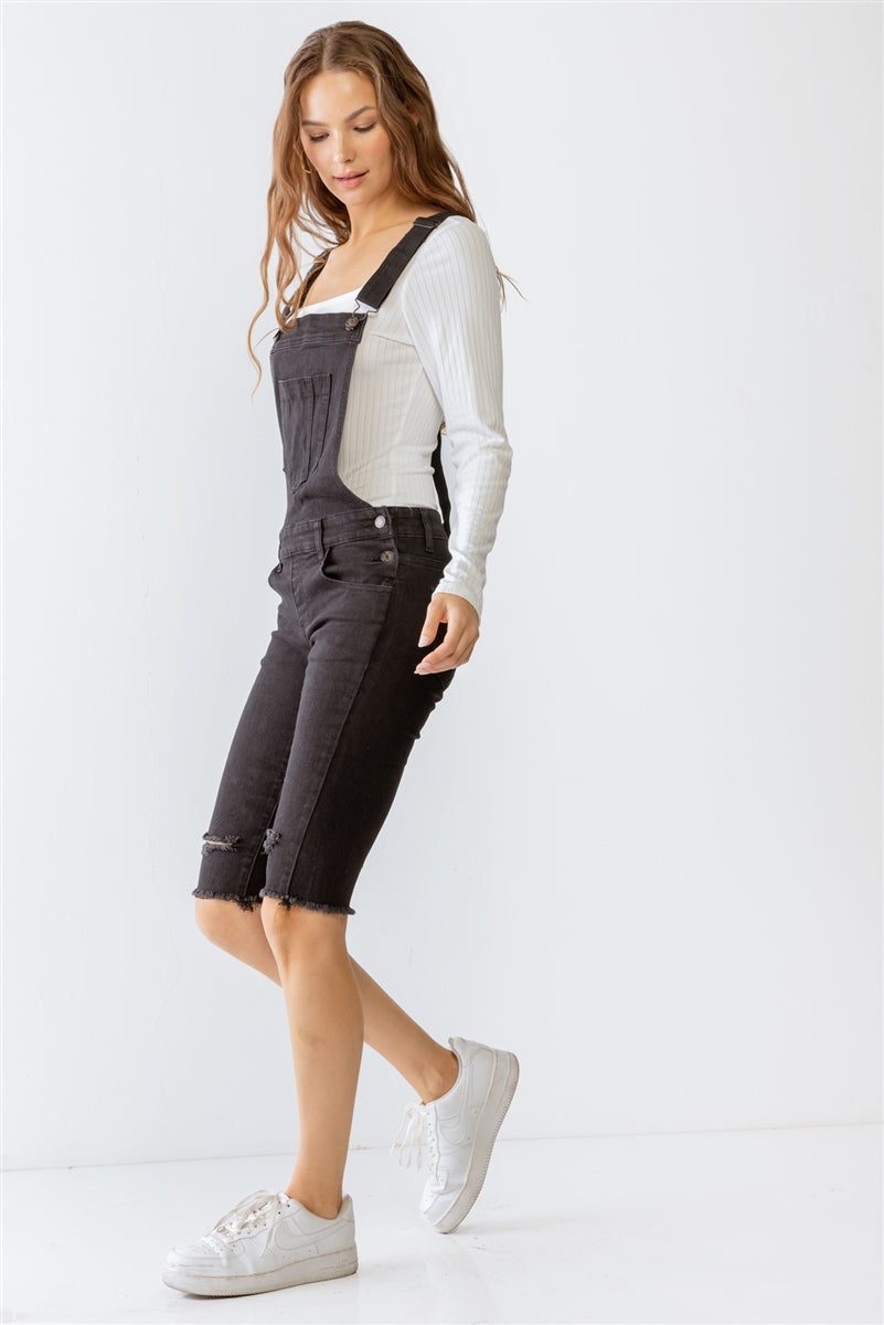 Black Denim Distressed Detail Raw Hem Cropped Bermuda Overall Smile Sparker