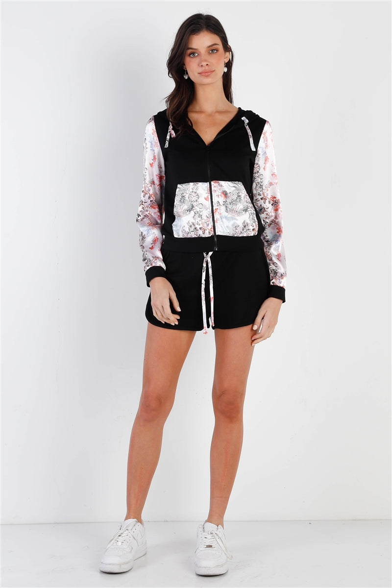 Black & Multi Color Print Colorblock Zip-up Hooded Top & Short Set Smile Sparker