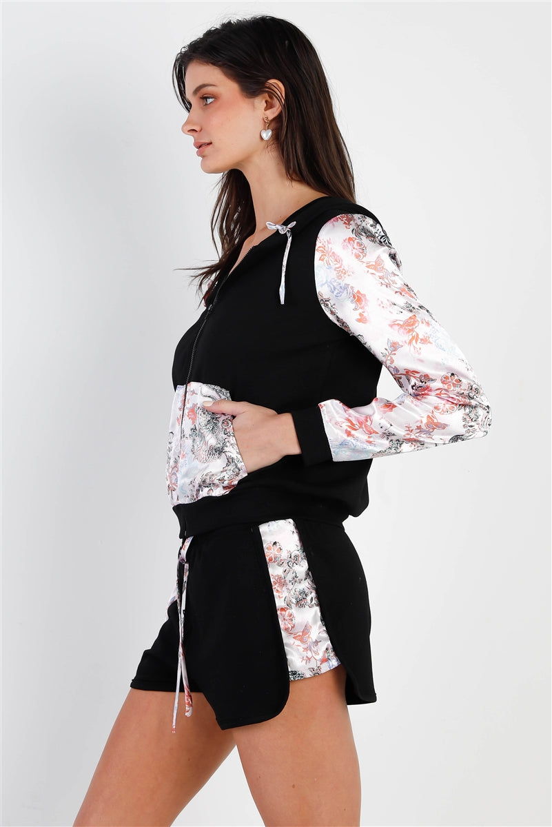 Black & Multi Color Print Colorblock Zip-up Hooded Top & Short Set Smile Sparker