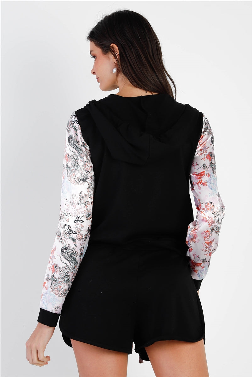 Black & Multi Color Print Colorblock Zip-up Hooded Top & Short Set Smile Sparker