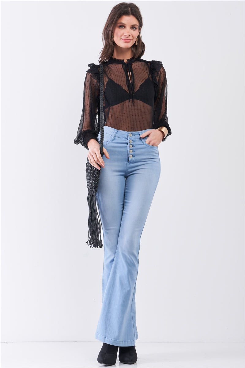 Black Sheer Mesh Polka Dot Frill Trim Long Sleeve Bodysuit Smile Sparker