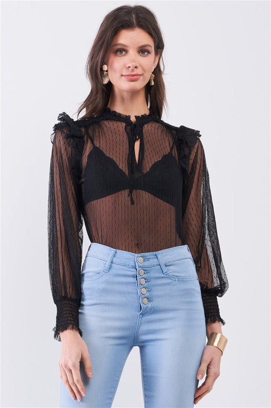 Black Sheer Mesh Polka Dot Frill Trim Long Sleeve Bodysuit Smile Sparker