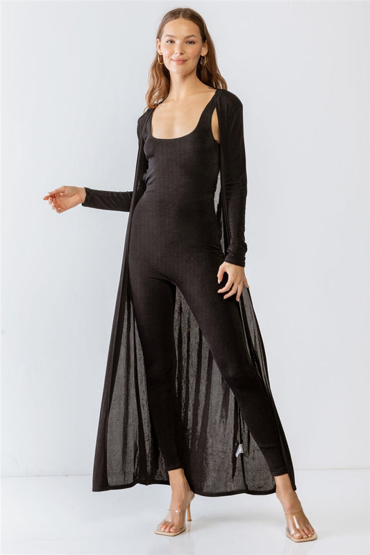 Black Sleeveless Cut-out Detail Slim Fit Jumpsuit & Open Front Long Sleeve Cardigan Set Smile Sparker