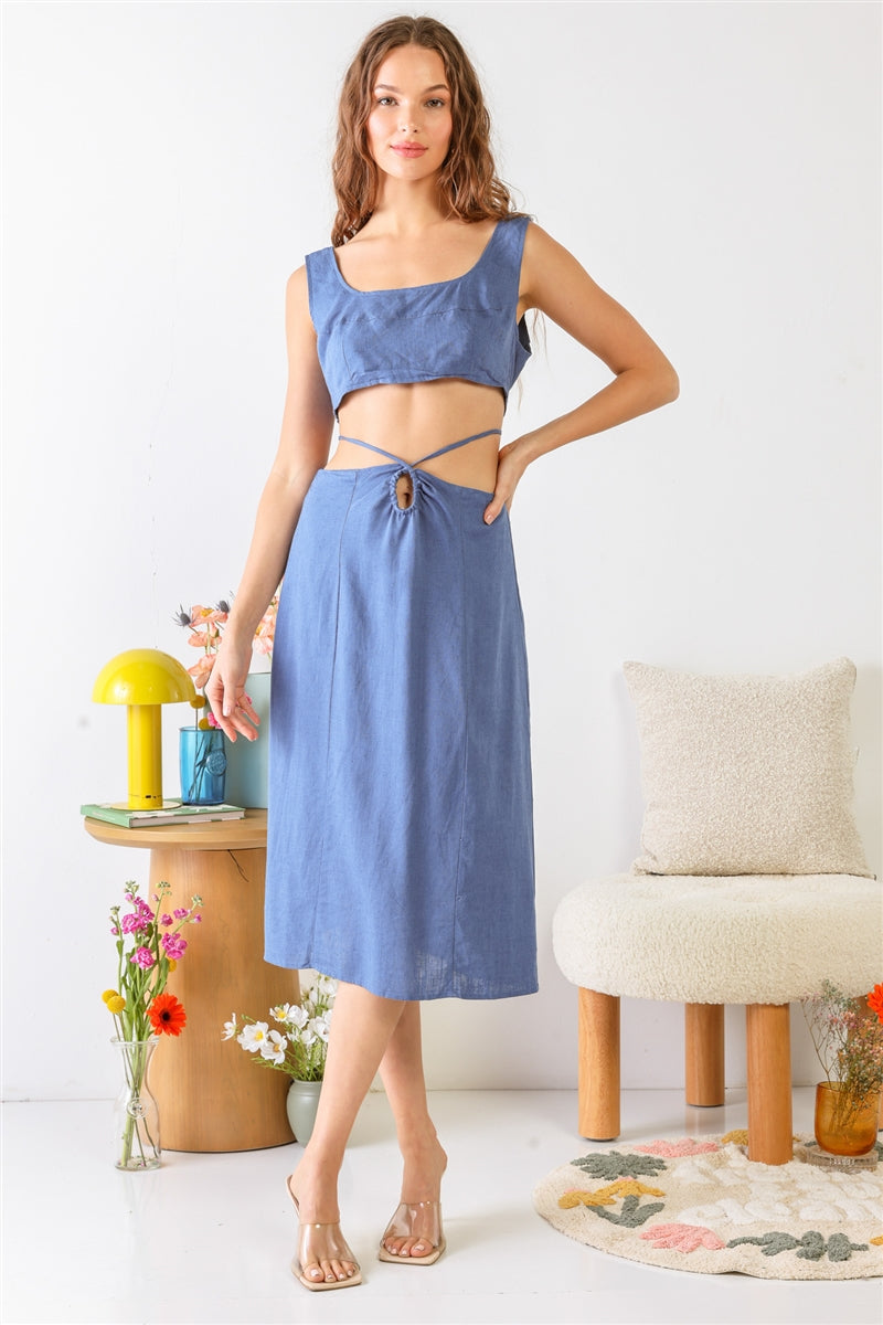 Blue Sleeveless Square Neck Self-tie Strap Cut-out Midi Dress Smile Sparker