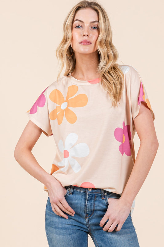 BOMBOM Floral Short Sleeve T-Shirt - Beige / S - TOPS - Beige