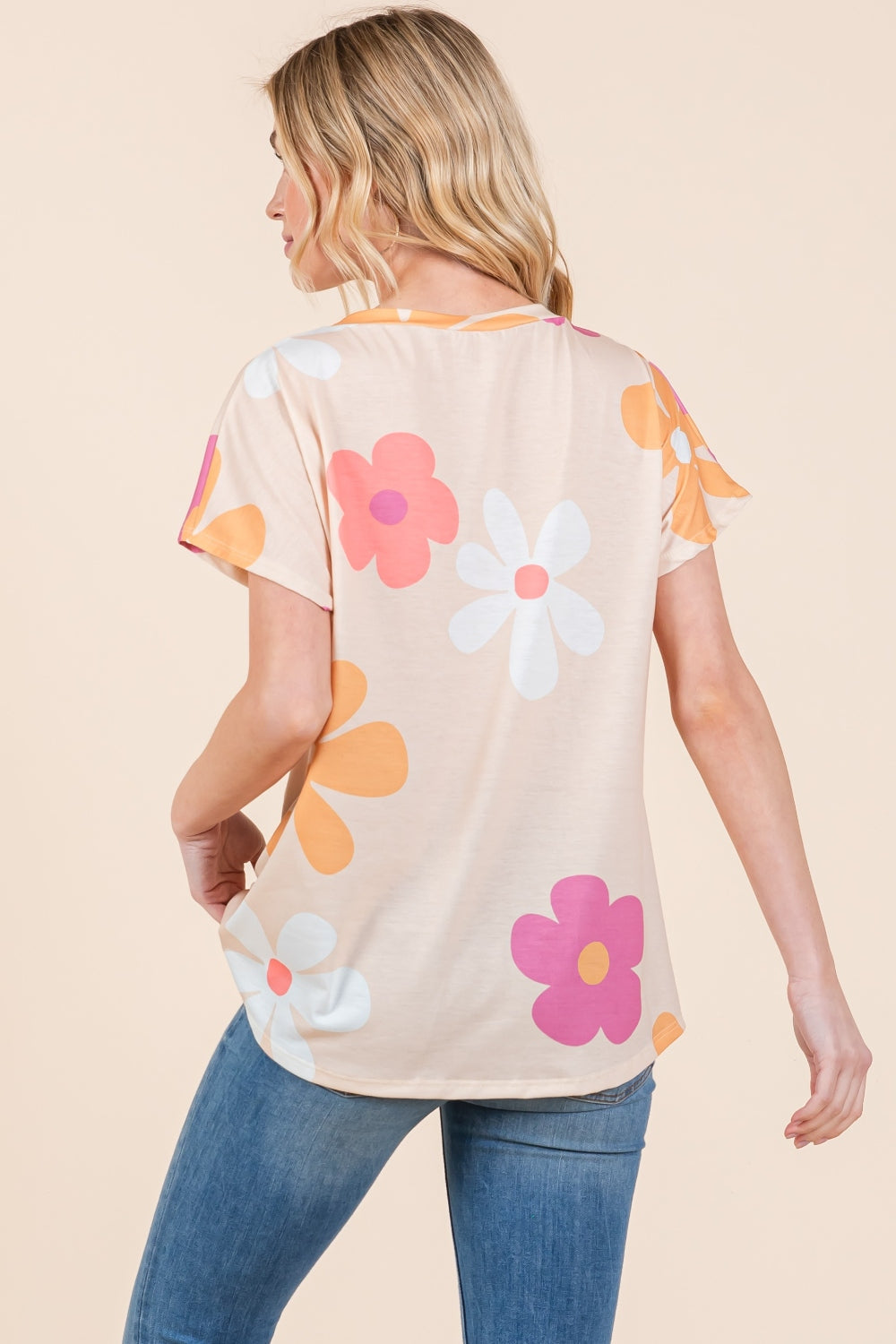 BOMBOM Floral Short Sleeve T-Shirt - TOPS - Beige