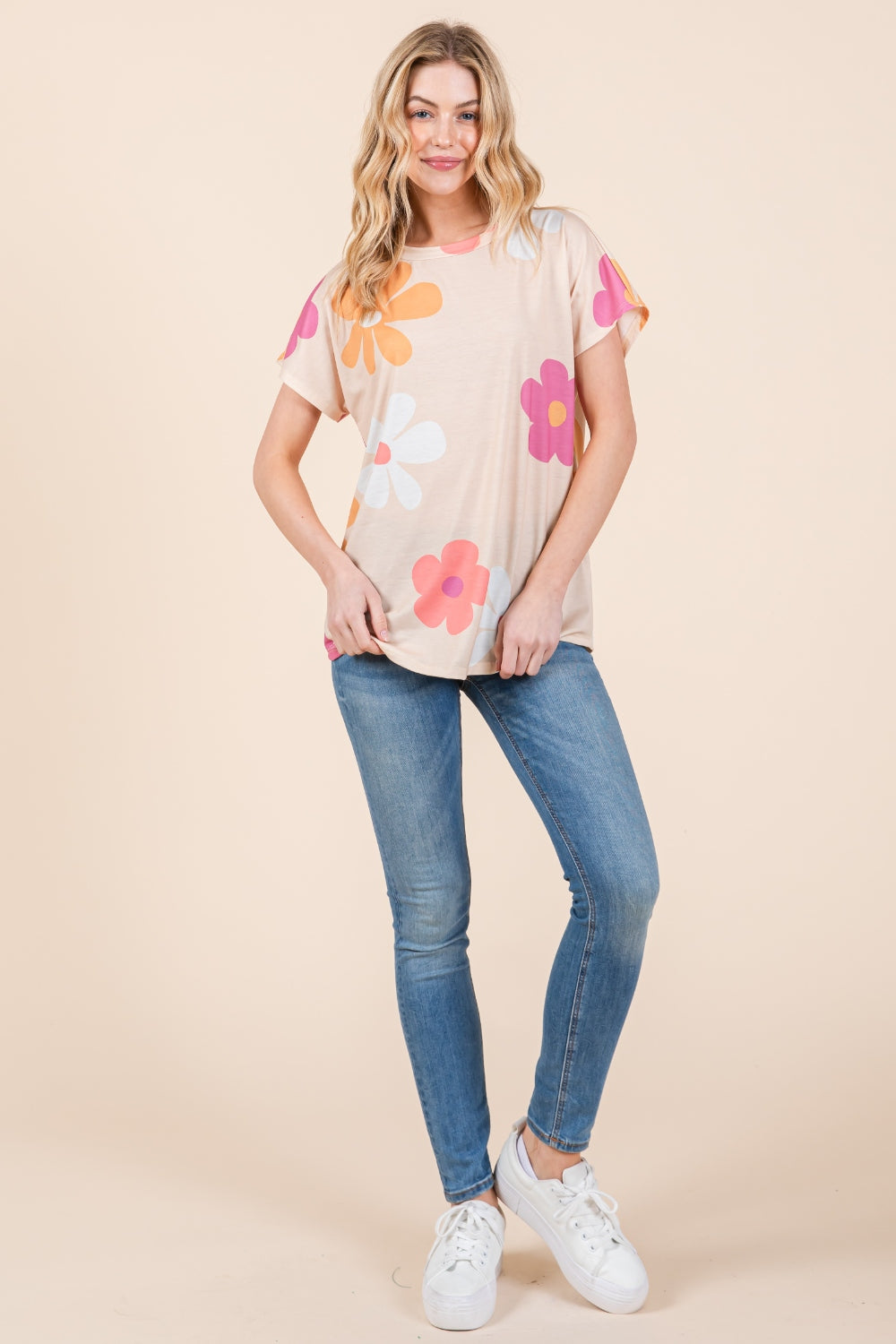 BOMBOM Floral Short Sleeve T-Shirt - TOPS - Beige