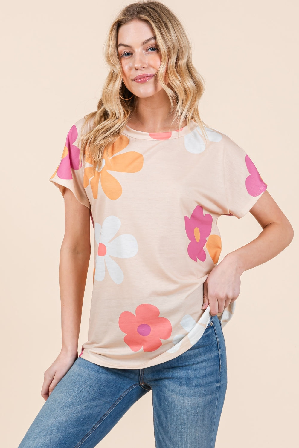 BOMBOM Floral Short Sleeve T-Shirt - TOPS - Beige