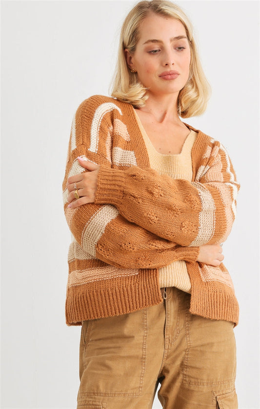 Camel Striped Crochet Knit Two Pocket Open Front Cardigan Smile Sparker