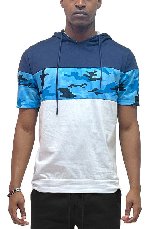 Camo and Solid Design Block Hooded Shirt Smile Sparker