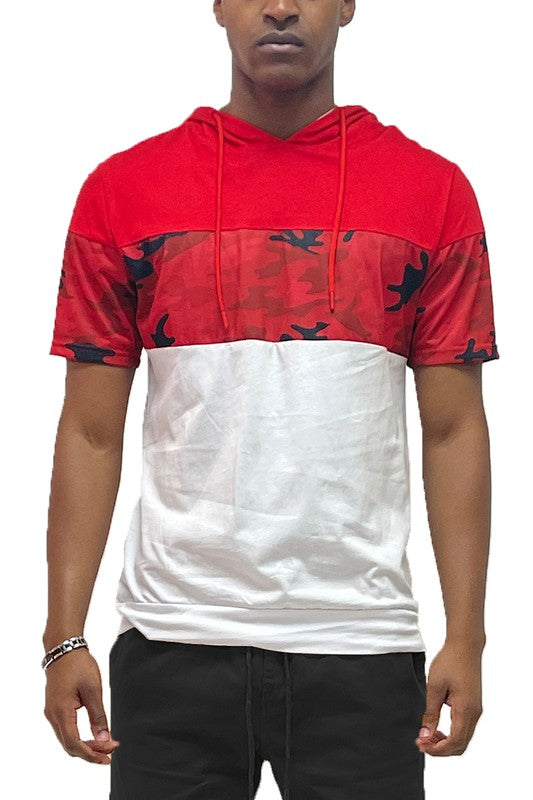 Camo and Solid Design Block Hooded Shirt Smile Sparker