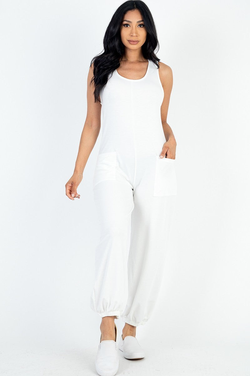 Casual Solid French Terry Sleeveless Scoop Neck Front Pocket Jumpsuit Smile Sparker