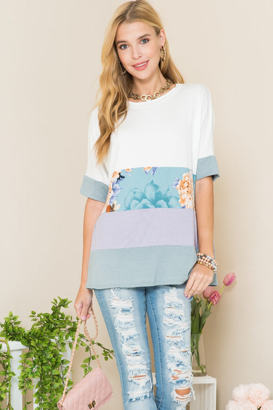 Celeste Full Size Contrast Color Block Round Neck T-Shirt - Ivory/Lilac / S - TOPS - Ivory