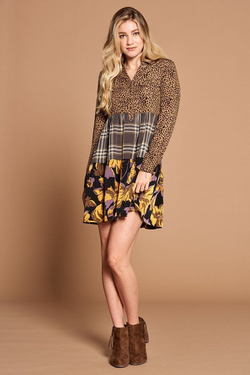 Cheetah Print Button-down Collard Shirt Dress Smile Sparker