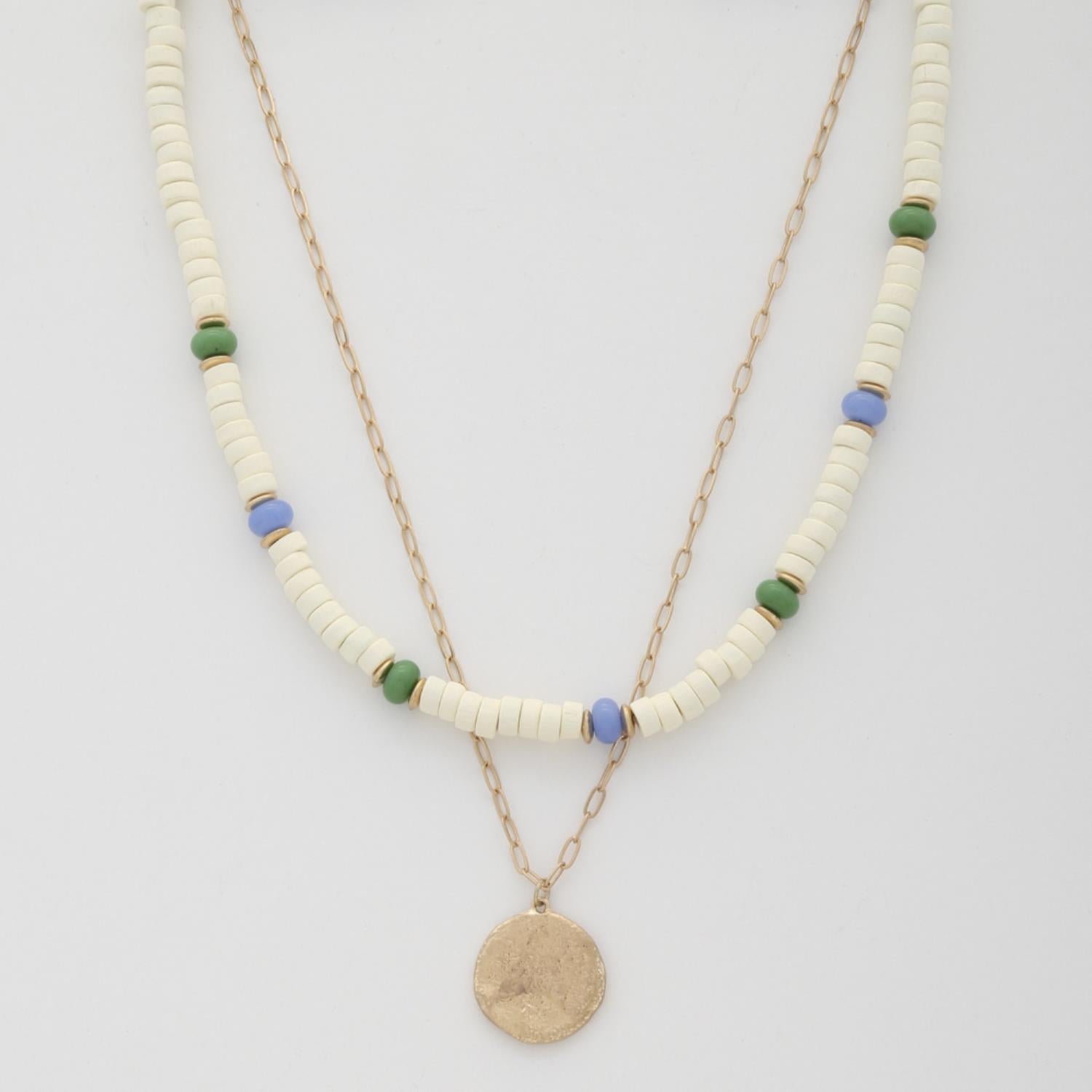 Coin Wood Bead Layered Necklace Smile Sparker