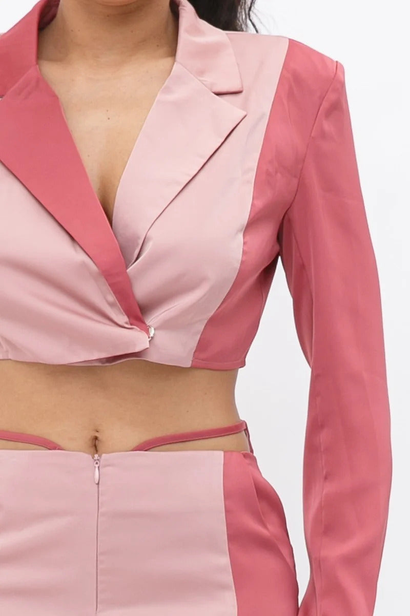 Colorblock Crop Blazer With Matching Low Rise Wide Leg Pant Set With Pockets Smile Sparker