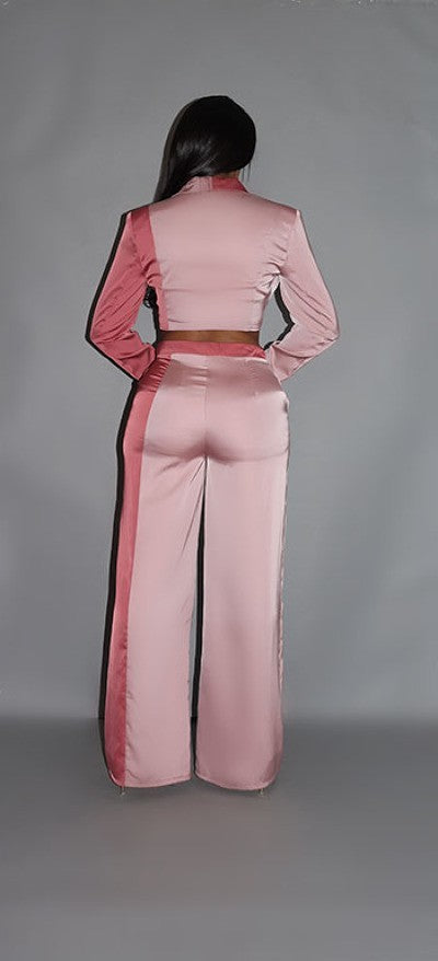 Colorblock Crop Blazer With Matching Low Rise Wide Leg Pant Set With Pockets Smile Sparker