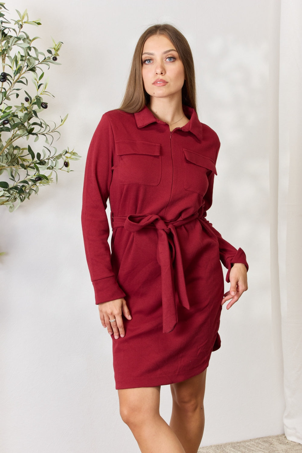 Culture Code Full Size Tie Front Half Zip Long Sleeve Shirt Dress - PLUS DRESSES - Burgandy