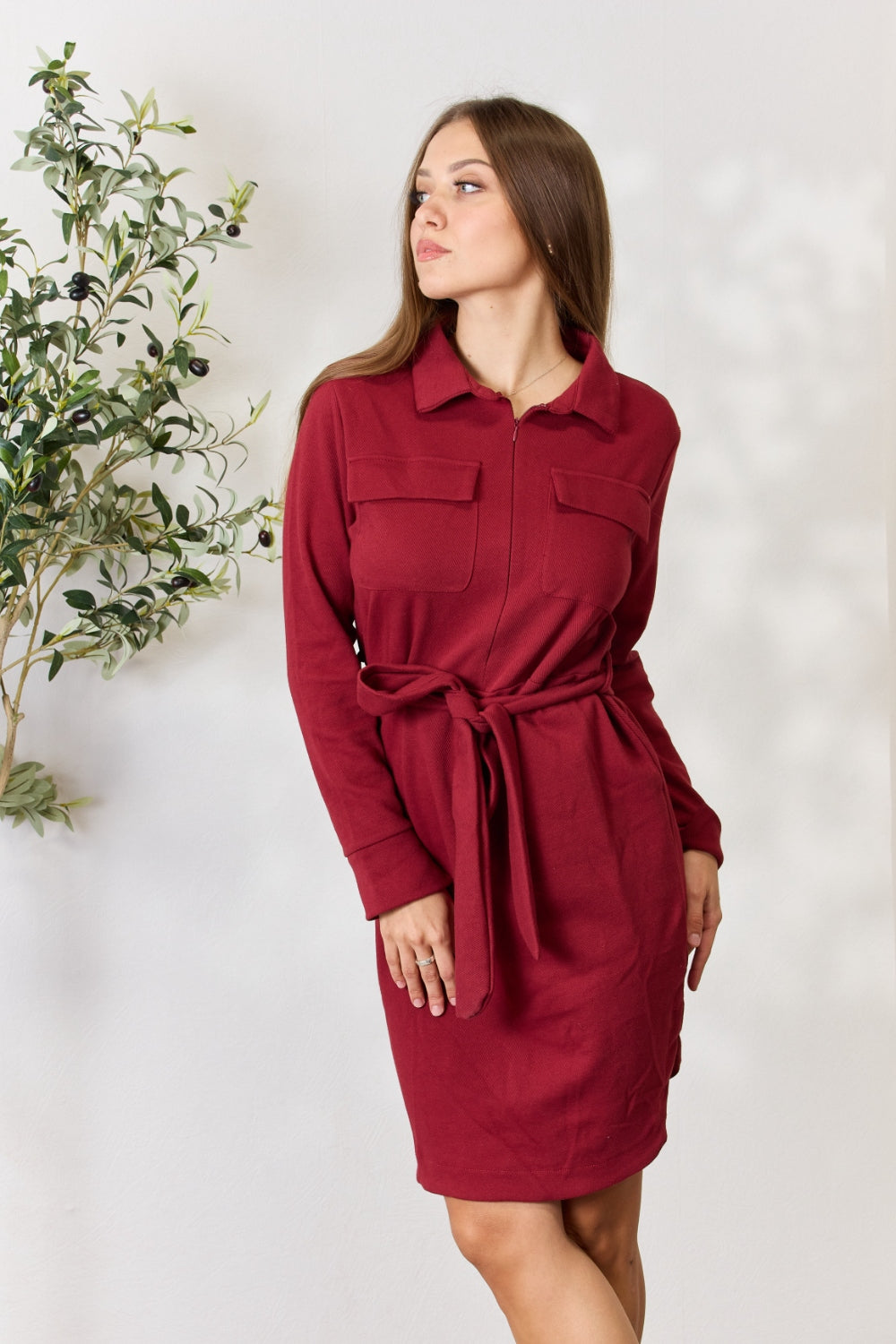 Culture Code Full Size Tie Front Half Zip Long Sleeve Shirt Dress - PLUS DRESSES - Burgandy