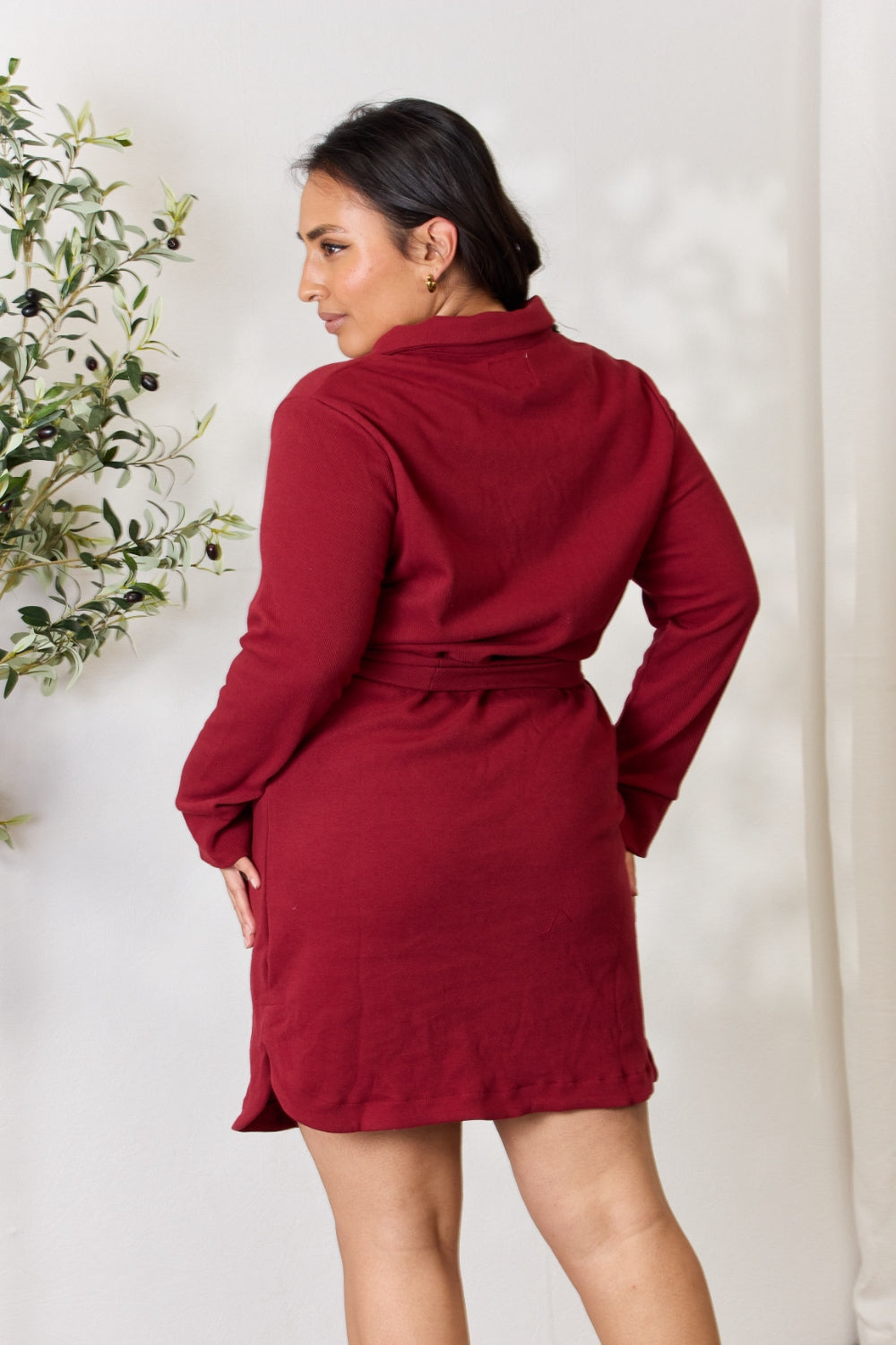 Culture Code Full Size Tie Front Half Zip Long Sleeve Shirt Dress - PLUS DRESSES - Burgandy