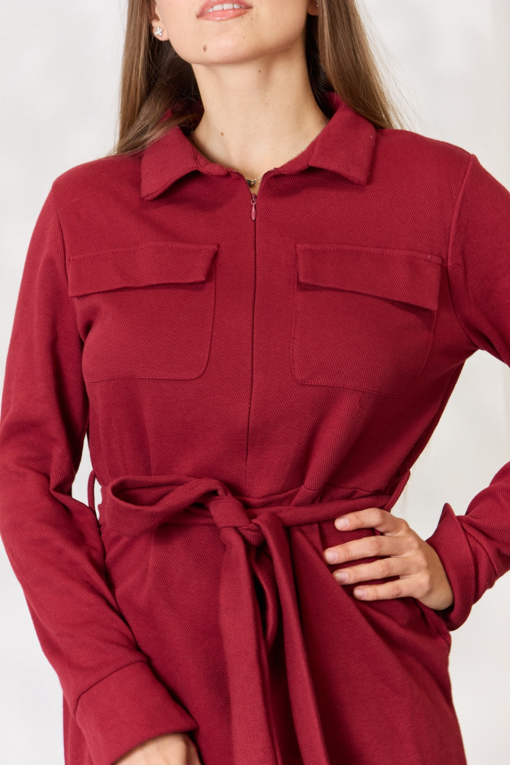 Culture Code Full Size Tie Front Half Zip Long Sleeve Shirt Dress - PLUS DRESSES - Burgandy
