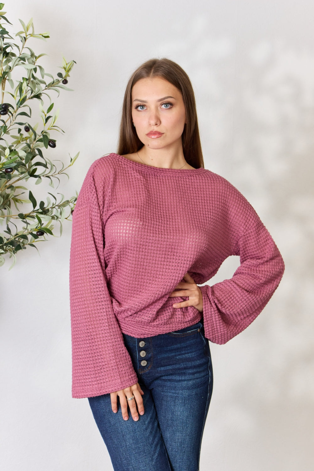 Culture Code Full Size Waffle-Knit Round Neck Long Sleeve Blouse - DARK ROSE / S - TOPS - Rose