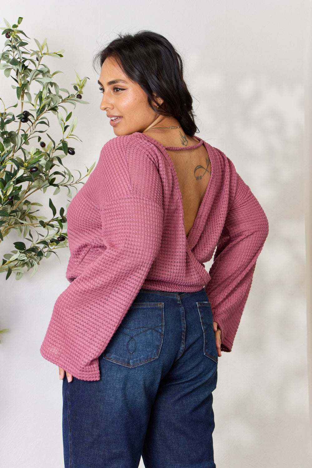 Culture Code Full Size Waffle-Knit Round Neck Long Sleeve Blouse - TOPS - Rose