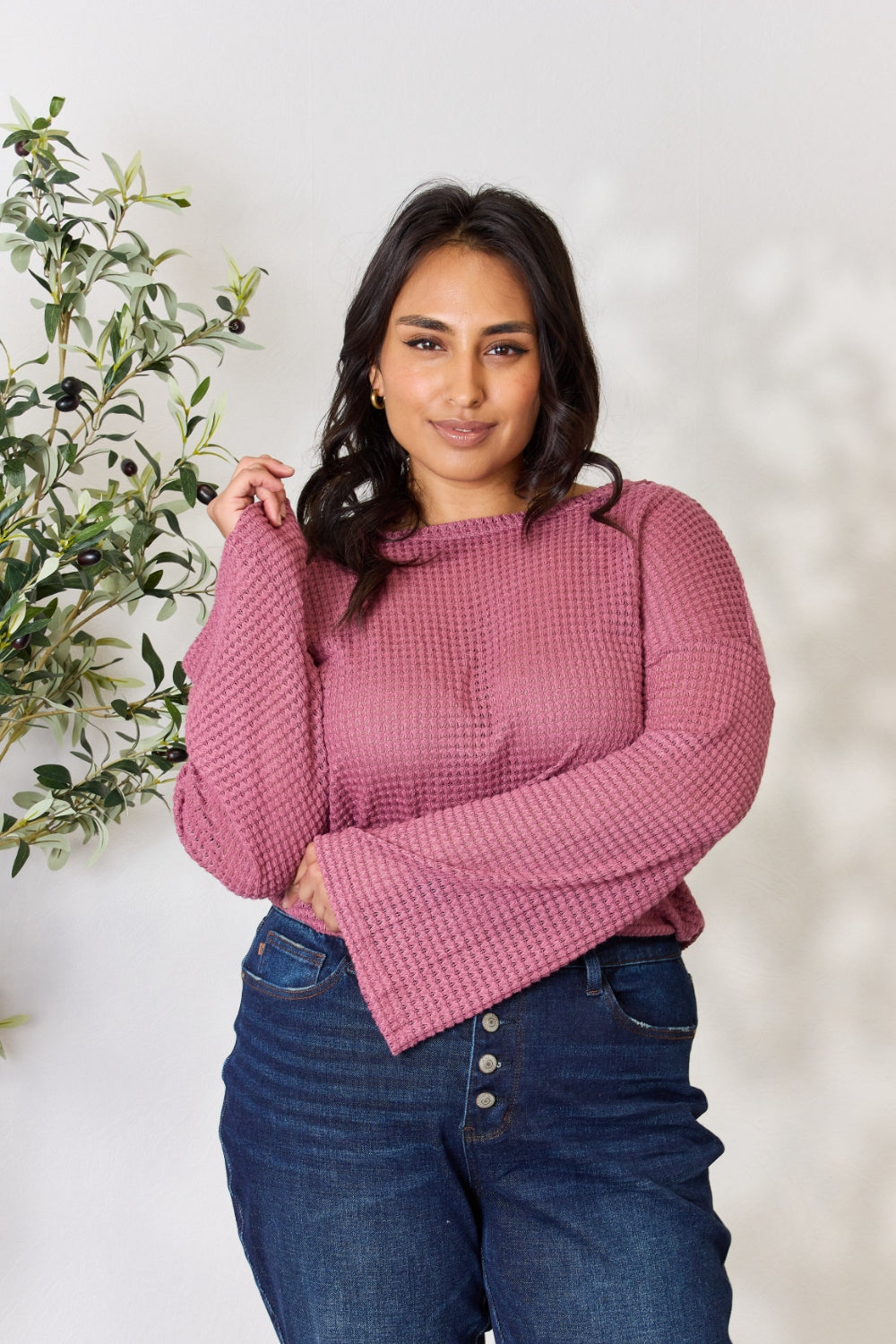 Culture Code Full Size Waffle-Knit Round Neck Long Sleeve Blouse - TOPS - Rose